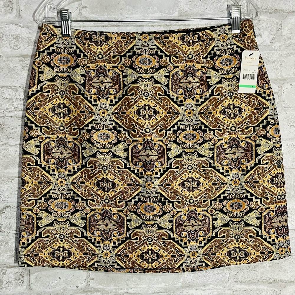 NWT Laundry by Shelli Segal Black/Gold metallic Tapestry Jacquard Mini Skirt